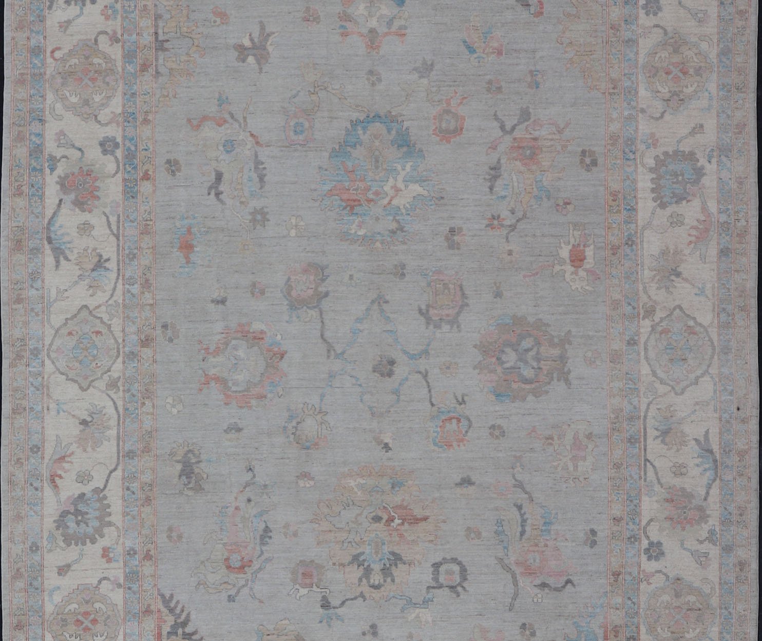 Large Oushak Rug with Floral Motifs & Muted Colorful Tones on Neutral Background, Large Modern Oushak Rug. Large Oushak Rug with Floral Motifs & Muted Colorful Tones on Neutral Background and Silver Gray. Keivan Woven Arts; rug AWR - 8347 Country... - Keivan Woven ArtsAWR - 8347 - 21337Rug