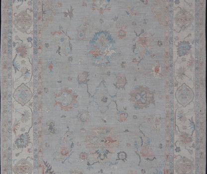 Large Oushak Rug with Floral Motifs & Muted Colorful Tones on Neutral Background, Large Modern Oushak Rug. Large Oushak Rug with Floral Motifs & Muted Colorful Tones on Neutral Background and Silver Gray. Keivan Woven Arts; rug AWR - 8347 Country... - Keivan Woven ArtsAWR - 8347 - 21337Rug