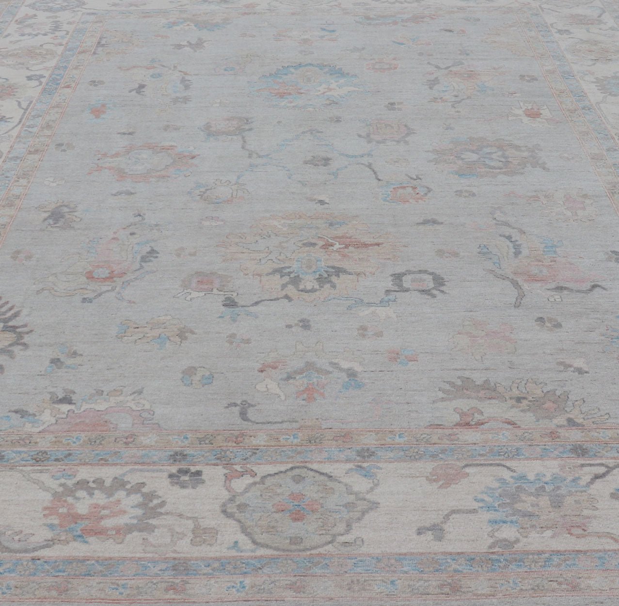 Large Oushak Rug with Floral Motifs & Muted Colorful Tones on Neutral Background, Large Modern Oushak Rug. Large Oushak Rug with Floral Motifs & Muted Colorful Tones on Neutral Background and Silver Gray. Keivan Woven Arts; rug AWR - 8347 Country... - Keivan Woven ArtsAWR - 8347 - 21337Rug
