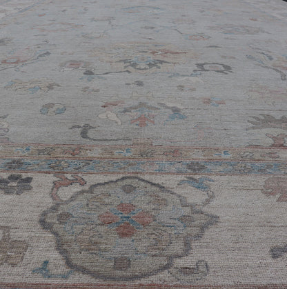 Large Oushak Rug with Floral Motifs & Muted Colorful Tones on Neutral Background, Large Modern Oushak Rug. Large Oushak Rug with Floral Motifs & Muted Colorful Tones on Neutral Background and Silver Gray. Keivan Woven Arts; rug AWR - 8347 Country... - Keivan Woven ArtsAWR - 8347 - 21337Rug