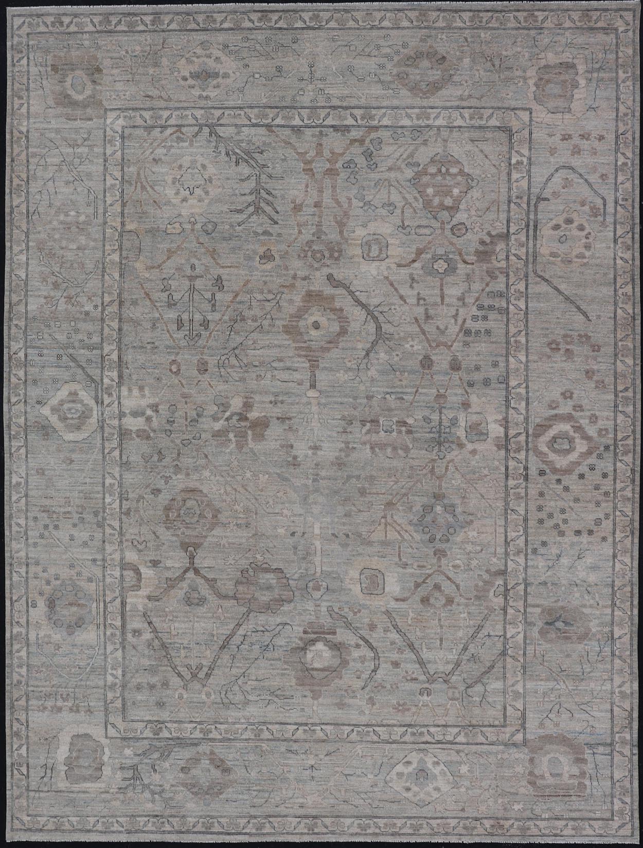 Modern Oushak Rug in Light Color Background with All - Over Tribal Motifs Country of Origin: Afghanistan; Type: Oushak; Design: Medallion, Tribal Medallion, All - Over; Keivan Woven Arts: rug AWR - 8470. 21st Century Measures: 9'8 x 13'6 Th... - Keivan Woven ArtsAWR - 8470 - 21281Rug