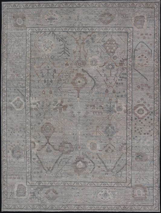 Modern Oushak Rug in Light Color Background with All - Over Tribal Motifs Country of Origin: Afghanistan; Type: Oushak; Design: Medallion, Tribal Medallion, All - Over; Keivan Woven Arts: rug AWR - 8470. 21st Century Measures: 9'8 x 13'6 Th... - Keivan Woven ArtsAWR - 8470 - 21281Rug