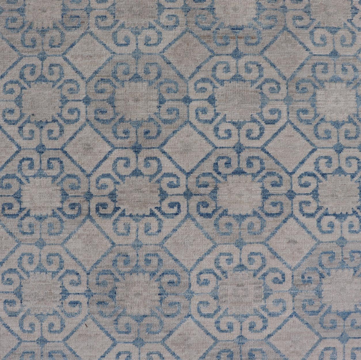 Modern All - Over Tribal Motif Khotan Area Rug in Muted Blues and Cream. Country of Origin: Afghanistan; Type: Khotan; Design: Floral, All - Over; Keivan Woven Arts: rug/AWR - 8474 Measures: 4'10 x 7'3 This modern Khotan features a modern muted blue's... - Keivan Woven ArtsAWR - 8474 - 21355Rug