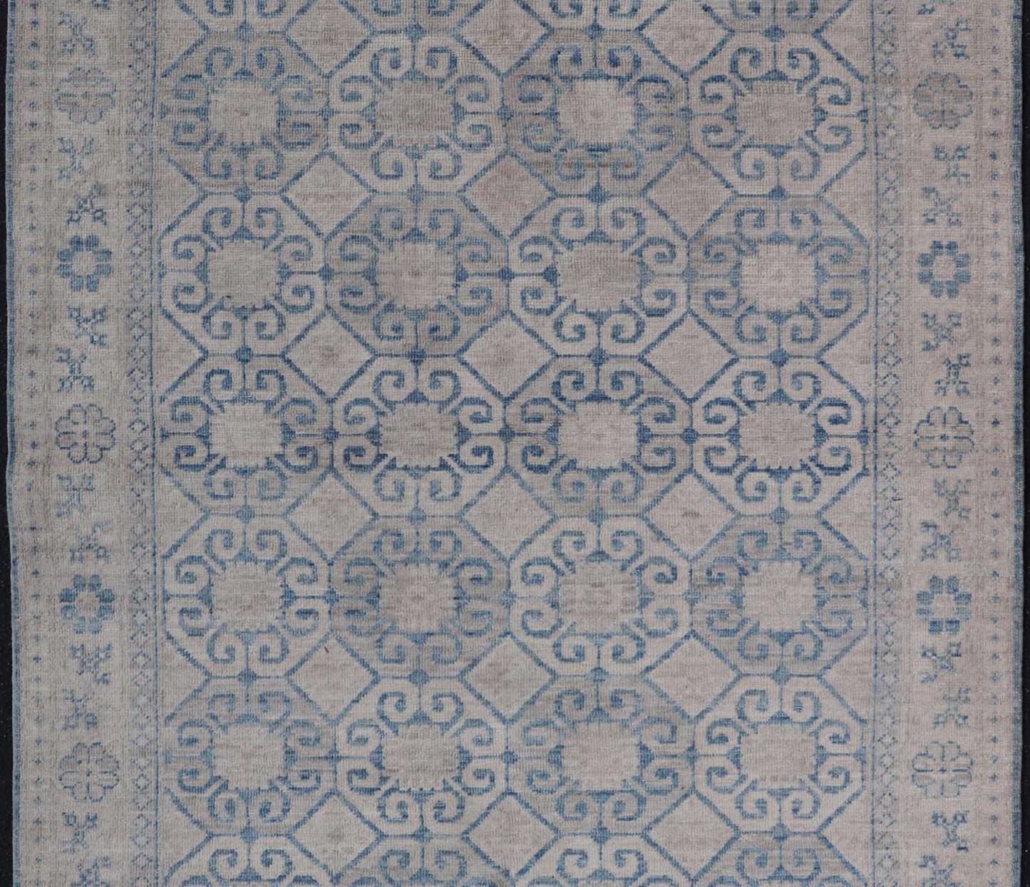 Modern All - Over Tribal Motif Khotan Area Rug in Muted Blues and Cream. Country of Origin: Afghanistan; Type: Khotan; Design: Floral, All - Over; Keivan Woven Arts: rug/AWR - 8474 Measures: 4'10 x 7'3 This modern Khotan features a modern muted blue's... - Keivan Woven ArtsAWR - 8474 - 21355Rug