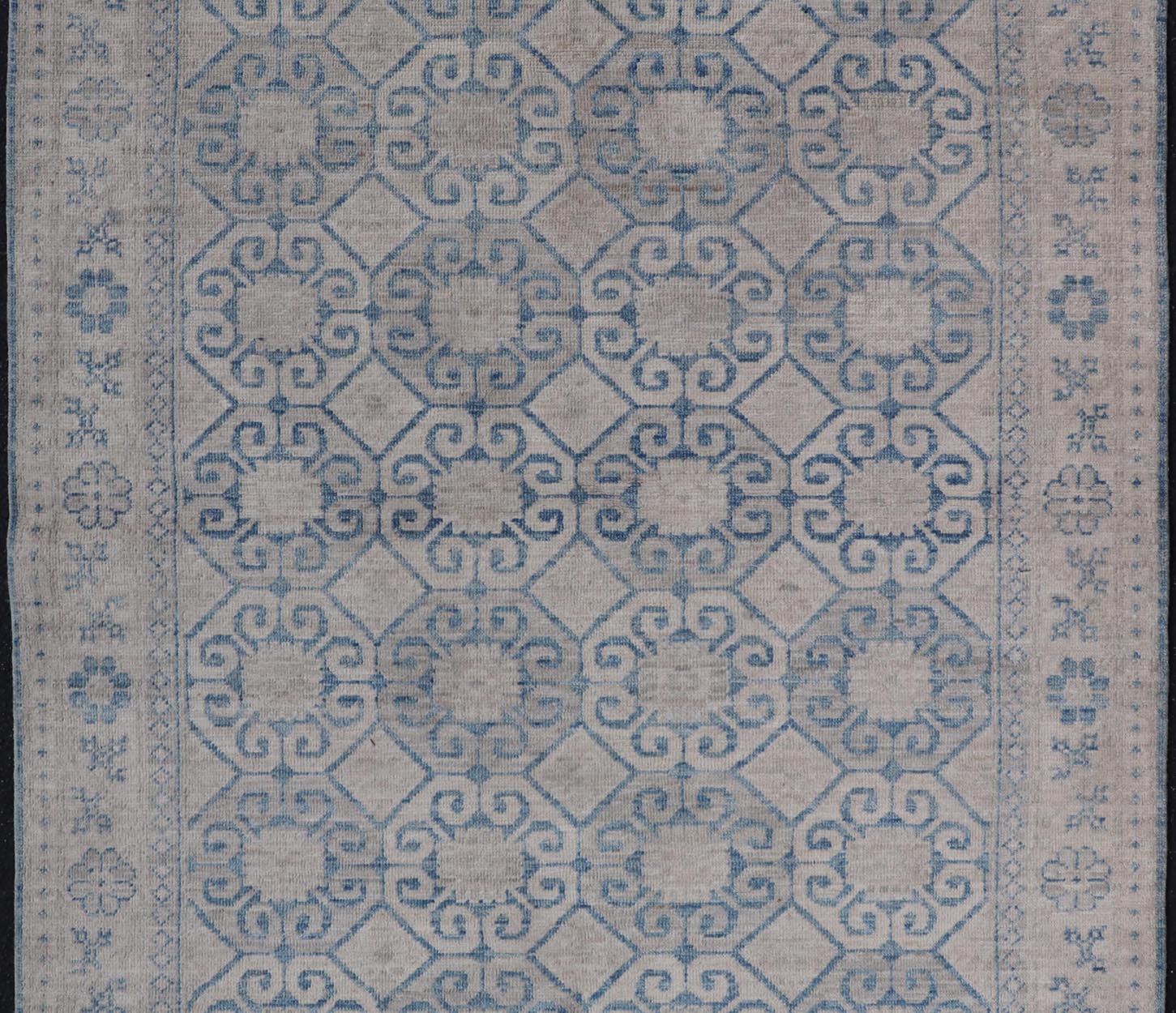 Modern All - Over Tribal Motif Khotan Area Rug in Muted Blues and Cream. Country of Origin: Afghanistan; Type: Khotan; Design: Floral, All - Over; Keivan Woven Arts: rug/AWR - 8474 Measures: 4'10 x 7'3 This modern Khotan features a modern muted blue's... - Keivan Woven ArtsAWR - 8474 - 21355Rug