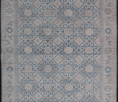 Modern All - Over Tribal Motif Khotan Area Rug in Muted Blues and Cream. Country of Origin: Afghanistan; Type: Khotan; Design: Floral, All - Over; Keivan Woven Arts: rug/AWR - 8474 Measures: 4'10 x 7'3 This modern Khotan features a modern muted blue's... - Keivan Woven ArtsAWR - 8474 - 21355Rug