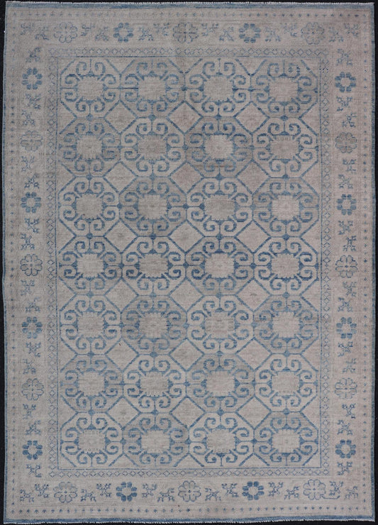 Modern All - Over Tribal Motif Khotan Area Rug in Muted Blues and Cream. Country of Origin: Afghanistan; Type: Khotan; Design: Floral, All - Over; Keivan Woven Arts: rug/AWR - 8474 Measures: 4'10 x 7'3 This modern Khotan features a modern muted blue's... - Keivan Woven ArtsAWR - 8474 - 21355