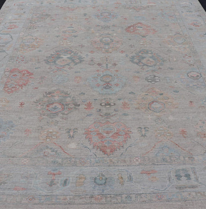 Modern All - Over Floral Oushak With Sand Background and Muted Accent Colors. Keivan Woven Arts: rug AWR - 8522 Country of Origin: Afghanistan Type: Oushak Design: All - Over, Floral, 21st Century. Measures: 8'11 x 11'11 Modern Oushak... - Keivan Woven ArtsAWR - 8522 - 21269Rug