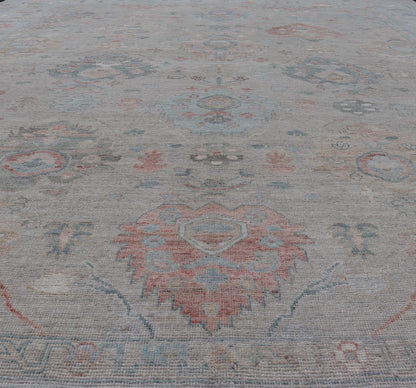 Modern All - Over Floral Oushak With Sand Background and Muted Accent Colors. Keivan Woven Arts: rug AWR - 8522 Country of Origin: Afghanistan Type: Oushak Design: All - Over, Floral, 21st Century. Measures: 8'11 x 11'11 Modern Oushak... - Keivan Woven ArtsAWR - 8522 - 21269Rug