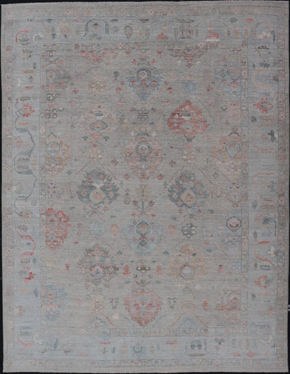 Modern All - Over Floral Oushak With Sand Background and Muted Accent Colors. Keivan Woven Arts: rug AWR - 8522 Country of Origin: Afghanistan Type: Oushak Design: All - Over, Floral, 21st Century. Measures: 8'11 x 11'11 Modern Oushak... - Keivan Woven ArtsAWR - 8522 - 21269Rug