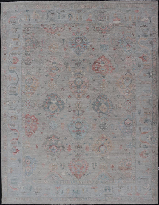 Modern All - Over Floral Oushak With Sand Background and Muted Accent Colors. Keivan Woven Arts: rug AWR - 8522 Country of Origin: Afghanistan Type: Oushak Design: All - Over, Floral, 21st Century. Measures: 8'11 x 11'11 Modern Oushak... - Keivan Woven ArtsAWR - 8522 - 21269Rug