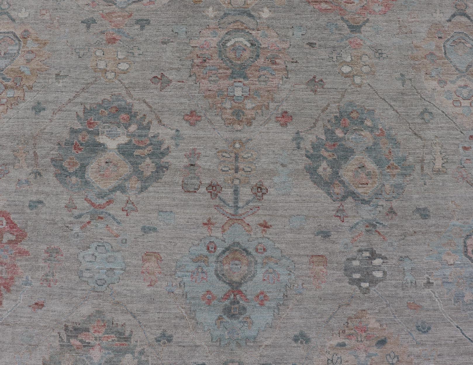 Modern All - Over Floral Oushak With Sand Background and Muted Accent Colors. Keivan Woven Arts: rug AWR - 8522 Country of Origin: Afghanistan Type: Oushak Design: All - Over, Floral, 21st Century. Measures: 8'11 x 11'11 Modern Oushak... - Keivan Woven ArtsAWR - 8522 - 21269Rug