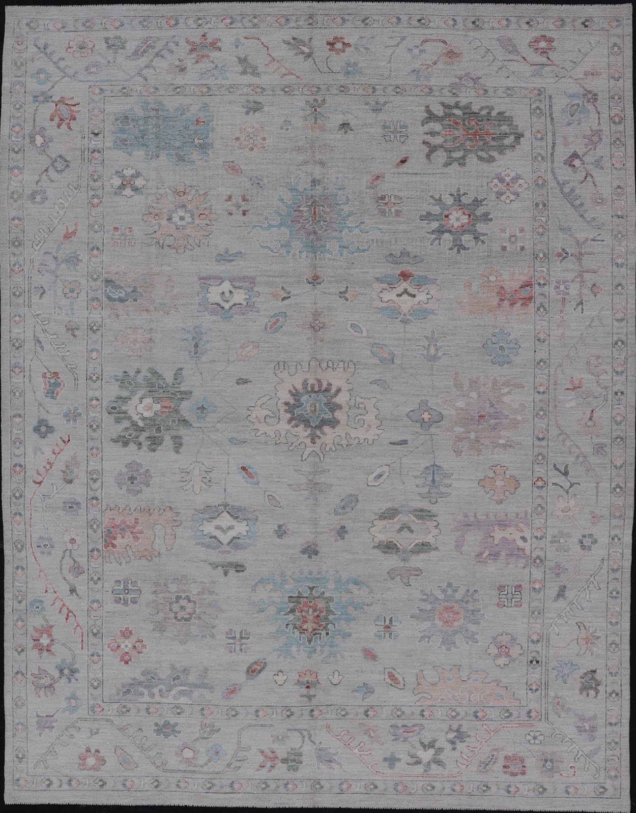 All Over Modern Floral Oushak with A Light Blue - Gray Field and Border With Color Keivan Woven Arts; rug AWR - 8546 Country of Origin: Afghanistan Type: Oushak Design: All - Over, Floral, Arabesque - Floral 21st Century Measures: 9'11 x 14'0 ... - Keivan Woven ArtsAWR - 8546 - 21293Rug