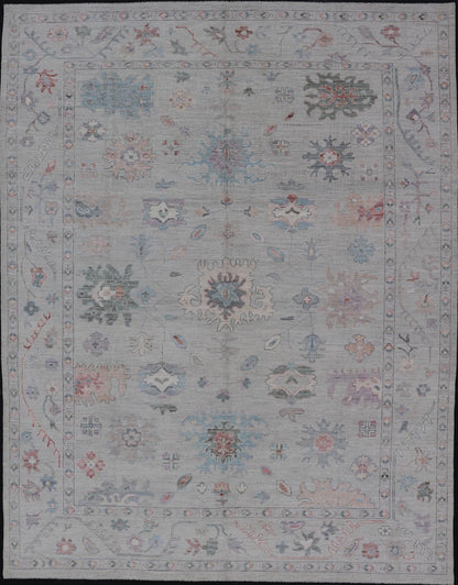 All Over Modern Floral Oushak with A Light Blue - Gray Field and Border With Color Keivan Woven Arts; rug AWR - 8546 Country of Origin: Afghanistan Type: Oushak Design: All - Over, Floral, Arabesque - Floral 21st Century Measures: 9'11 x 14'0 ... - Keivan Woven ArtsAWR - 8546 - 21293Rug