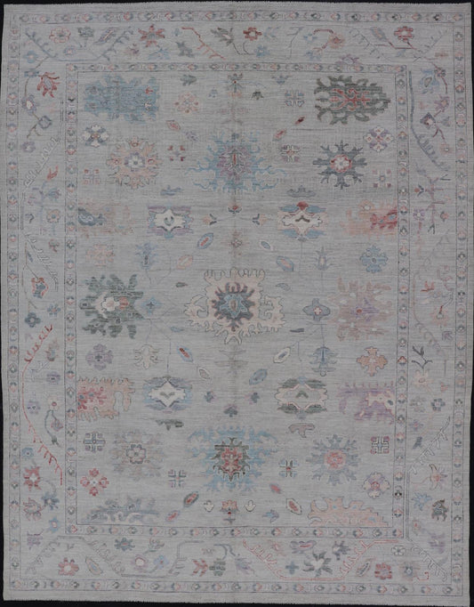 All Over Modern Floral Oushak with A Light Blue - Gray Field and Border With Color Keivan Woven Arts; rug AWR - 8546 Country of Origin: Afghanistan Type: Oushak Design: All - Over, Floral, Arabesque - Floral 21st Century Measures: 9'11 x 14'0 ... - Keivan Woven ArtsAWR - 8546 - 21293Rug