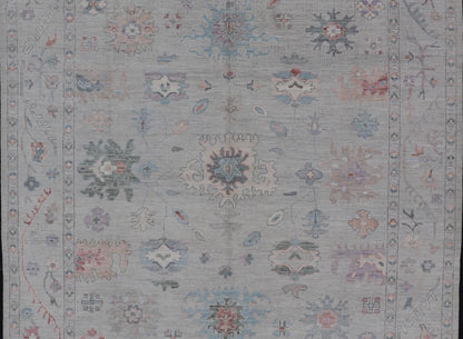 All Over Modern Floral Oushak with A Light Blue - Gray Field and Border With Color Keivan Woven Arts; rug AWR - 8546 Country of Origin: Afghanistan Type: Oushak Design: All - Over, Floral, Arabesque - Floral 21st Century Measures: 9'11 x 14'0 ... - Keivan Woven ArtsAWR - 8546 - 21293Rug