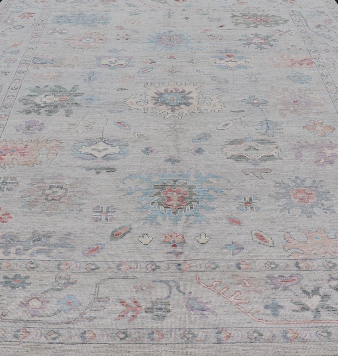 All Over Modern Floral Oushak with A Light Blue - Gray Field and Border With Color Keivan Woven Arts; rug AWR - 8546 Country of Origin: Afghanistan Type: Oushak Design: All - Over, Floral, Arabesque - Floral 21st Century Measures: 9'11 x 14'0 ... - Keivan Woven ArtsAWR - 8546 - 21293Rug