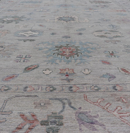 All Over Modern Floral Oushak with A Light Blue - Gray Field and Border With Color Keivan Woven Arts; rug AWR - 8546 Country of Origin: Afghanistan Type: Oushak Design: All - Over, Floral, Arabesque - Floral 21st Century Measures: 9'11 x 14'0 ... - Keivan Woven ArtsAWR - 8546 - 21293Rug