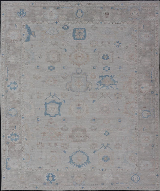 Modern Tribal Oushak with Light Taupe Colored Border and Off White Background Modern Tribaloushak with light taupe colored border and off white background Country of Origin: Afghanistan; Type: Oushak; Design: Medallion, Tribal Medallion, All - Over; Keiv... - Keivan Woven ArtsAWR - 9045 - 21325