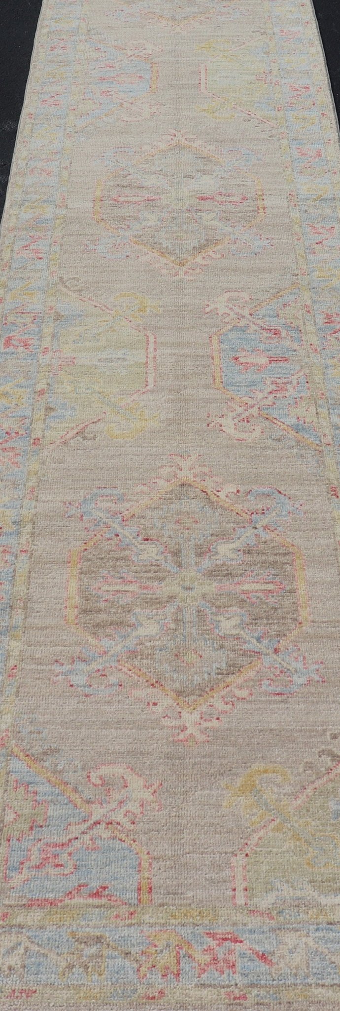 Hand - Knotted Oushak Runner With Medallion Design on a Tan Field With Red & Blue. Keivan Woven Arts; rug AWR - AR118 Country of Origin: Afghanistan Type: Oushak Design: Medallion, Motif, Floral Motif This modern piece holds large medallions in the ... - Keivan Woven ArtsAWR - AR118 - 17178Rug