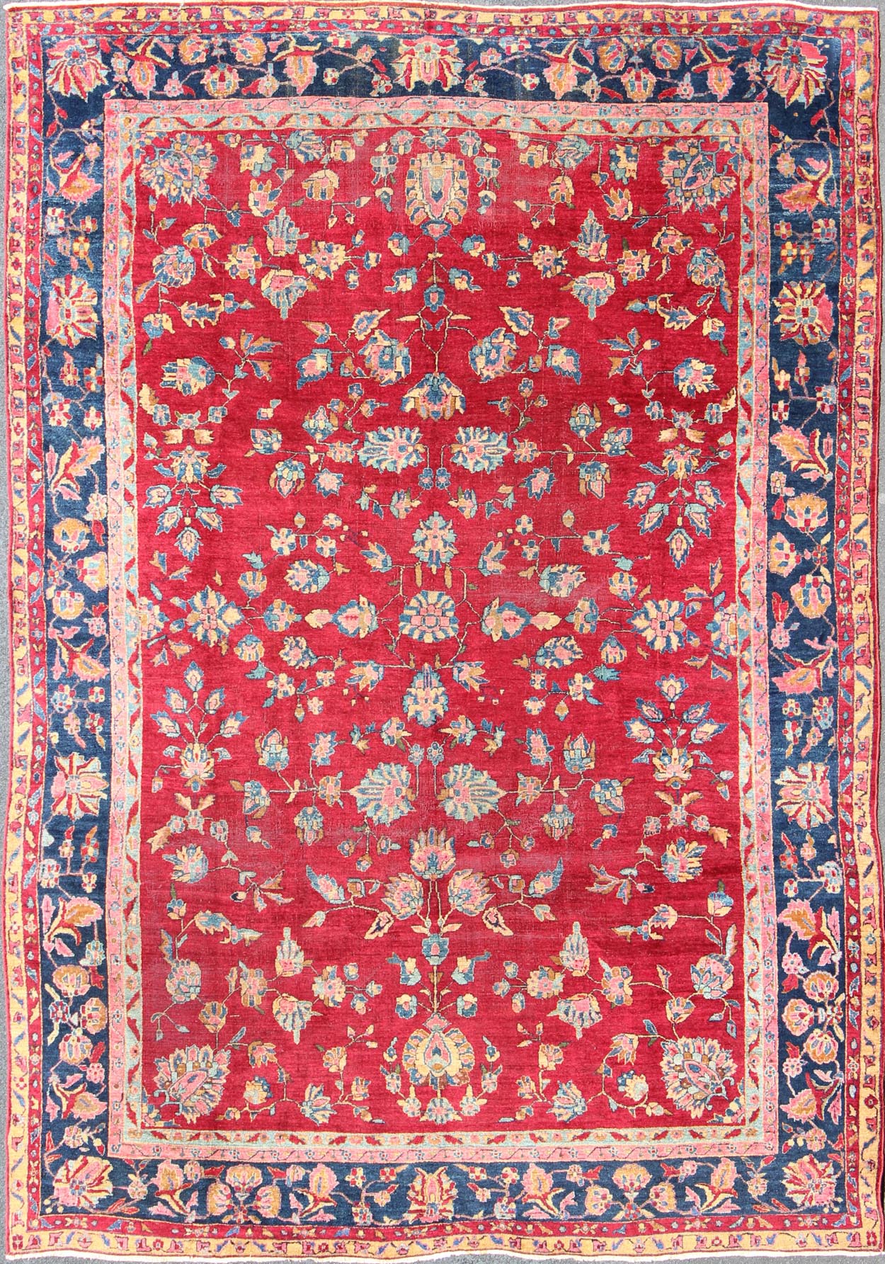 All - Over Floral Design Antique Indian Rug in Red and Blue Tones. All - over floral design antique Indian Amritsar rug in red and blue tones, Keivan Woven Arts / rug B - 0103, country of origin / type: Indian / Sarouk, circa 1910. Measures: 8'... - Keivan Woven ArtsB - 0103 - 615Rug