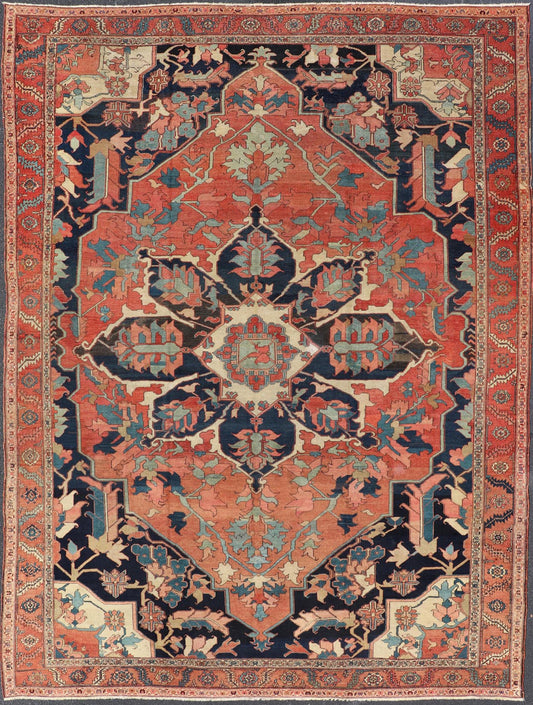 very Finely Woven Antique Persian Serapi Rug with Bold Geometric Medallion Design. Keivan Woven Arts/ rug / B - 0109. Iran/ Serapi Late 19th Century. Antique Persian Serapi rug. Fine decorative antique Serapi. Measures: 10'1 x 14'1 The term... - Keivan Woven ArtsB - 0109 - 445Rug