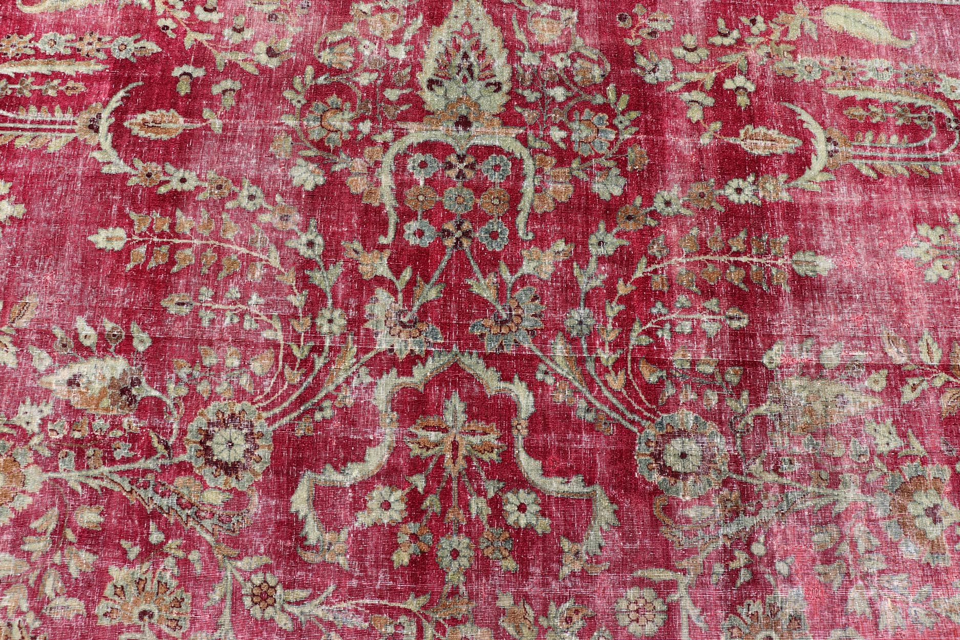 Distressed Antique Persian Lavar Kerman Rug in All - Over Intricate Floral Design. Keivan Woven Arts / rug B - 0404, country of origin / type: Iran / Kerman , circa 1900. Measures: 12'9 x 17'2 This magnificent antique Kerman carpet from 1900 is an ... - Keivan Woven ArtsB - 0404 - 163