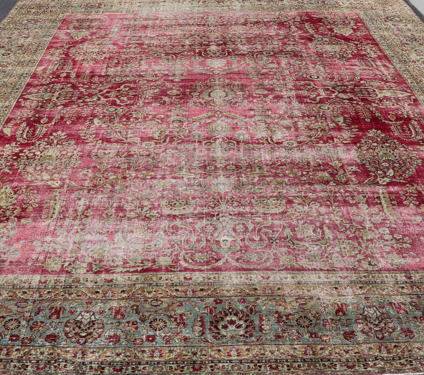 Distressed Antique Persian Lavar Kerman Rug in All - Over Intricate Floral Design. Keivan Woven Arts / rug B - 0404, country of origin / type: Iran / Kerman , circa 1900. Measures: 12'9 x 17'2 This magnificent antique Kerman carpet from 1900 is an ... - Keivan Woven ArtsB - 0404 - 163