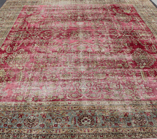 Distressed Antique Persian Lavar Kerman Rug in All - Over Intricate Floral Design. Keivan Woven Arts / rug B - 0404, country of origin / type: Iran / Kerman , circa 1900. Measures: 12'9 x 17'2 This magnificent antique Kerman carpet from 1900 is an ... - Keivan Woven ArtsB - 0404 - 163