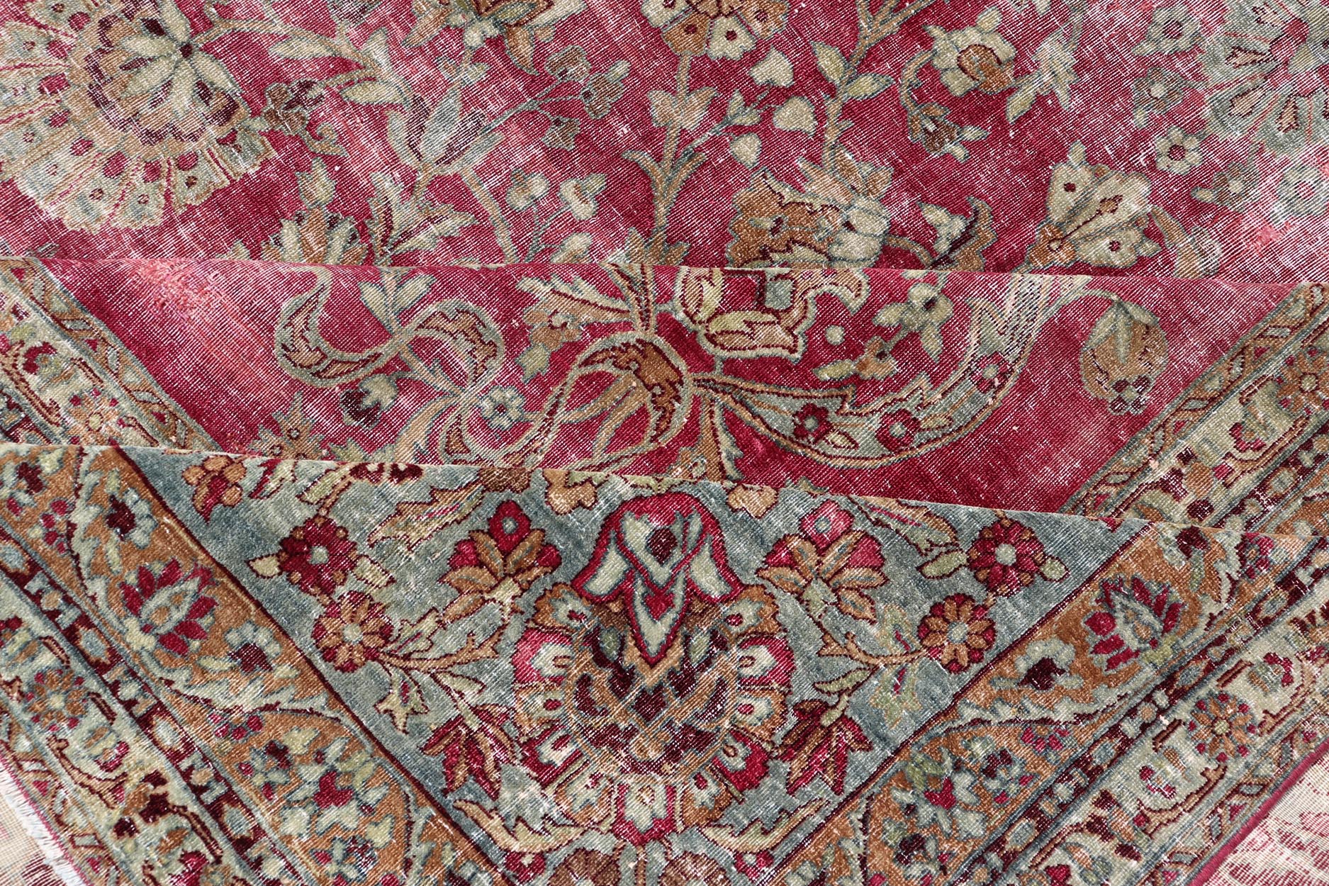 Distressed Antique Persian Lavar Kerman Rug in All - Over Intricate Floral Design. Keivan Woven Arts / rug B - 0404, country of origin / type: Iran / Kerman , circa 1900. Measures: 12'9 x 17'2 This magnificent antique Kerman carpet from 1900 is an ... - Keivan Woven ArtsB - 0404 - 163