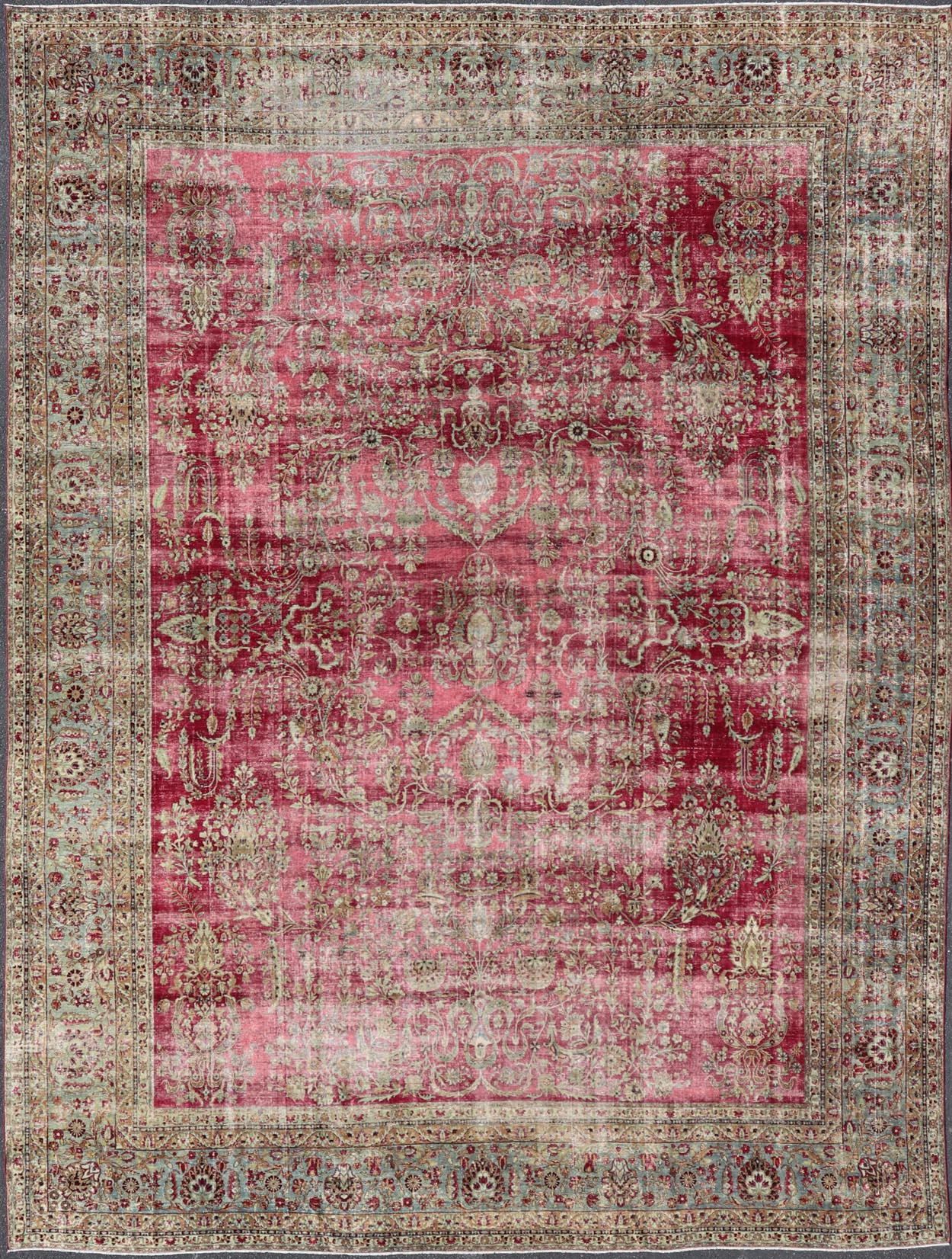 Distressed Antique Persian Lavar Kerman Rug in All - Over Intricate Floral Design. Keivan Woven Arts / rug B - 0404, country of origin / type: Iran / Kerman , circa 1900. Measures: 12'9 x 17'2 This magnificent antique Kerman carpet from 1900 is an ... - Keivan Woven ArtsB - 0404 - 163