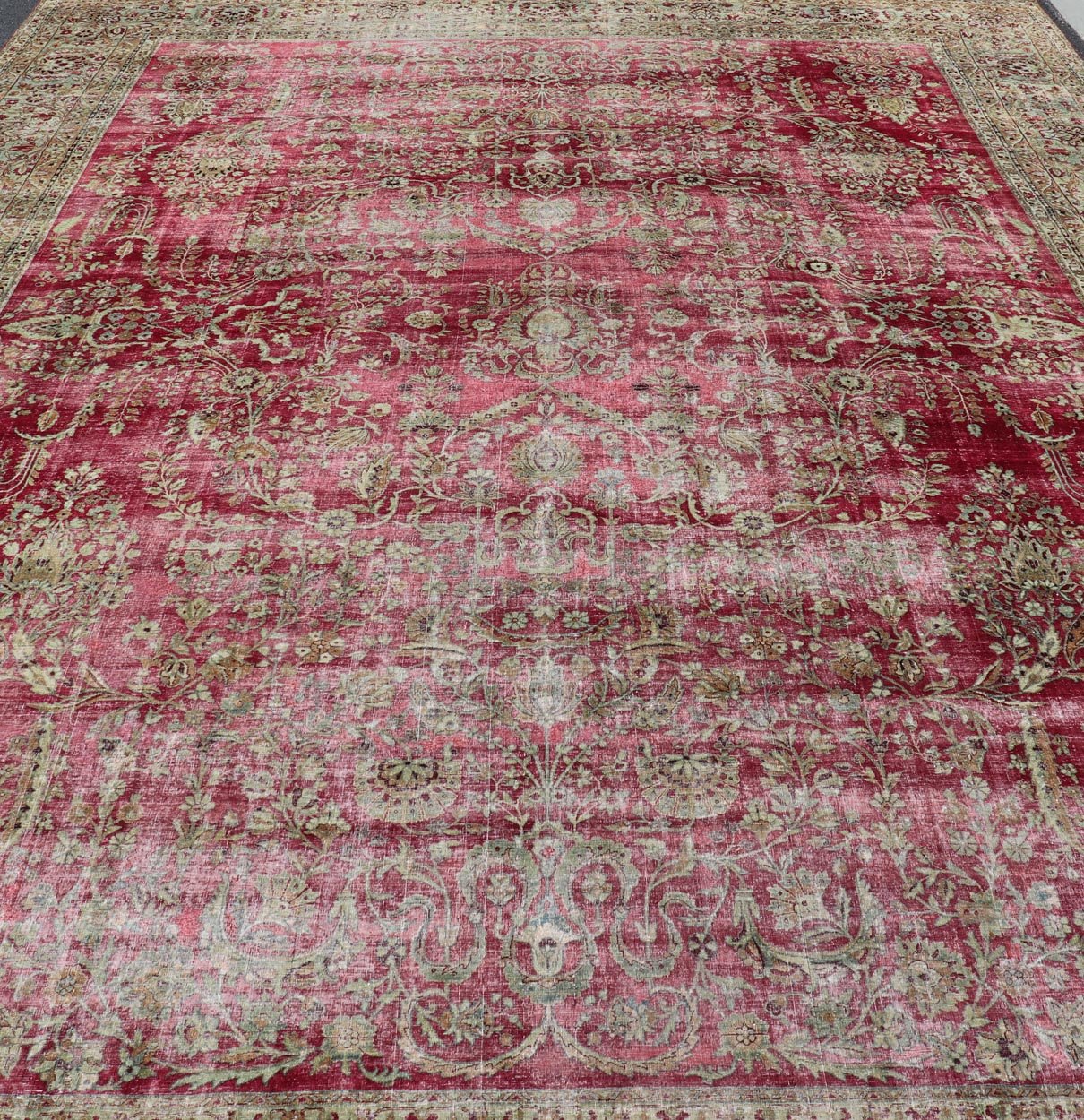 Distressed Antique Persian Lavar Kerman Rug in All - Over Intricate Floral Design. Keivan Woven Arts / rug B - 0404, country of origin / type: Iran / Kerman , circa 1900. Measures: 12'9 x 17'2 This magnificent antique Kerman carpet from 1900 is an ... - Keivan Woven ArtsB - 0404 - 163