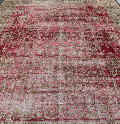 Distressed Antique Persian Lavar Kerman Rug in All - Over Intricate Floral Design. Keivan Woven Arts / rug B - 0404, country of origin / type: Iran / Kerman , circa 1900. Measures: 12'9 x 17'2 This magnificent antique Kerman carpet from 1900 is an ... - Keivan Woven ArtsB - 0404 - 163