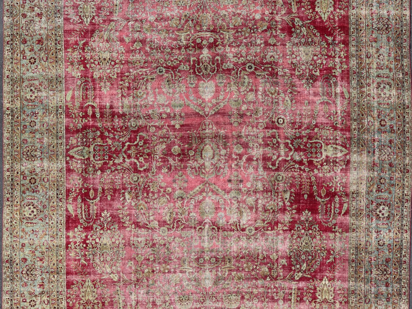 Distressed Antique Persian Lavar Kerman Rug in All - Over Intricate Floral Design. Keivan Woven Arts / rug B - 0404, country of origin / type: Iran / Kerman , circa 1900. Measures: 12'9 x 17'2 This magnificent antique Kerman carpet from 1900 is an ... - Keivan Woven ArtsB - 0404 - 163
