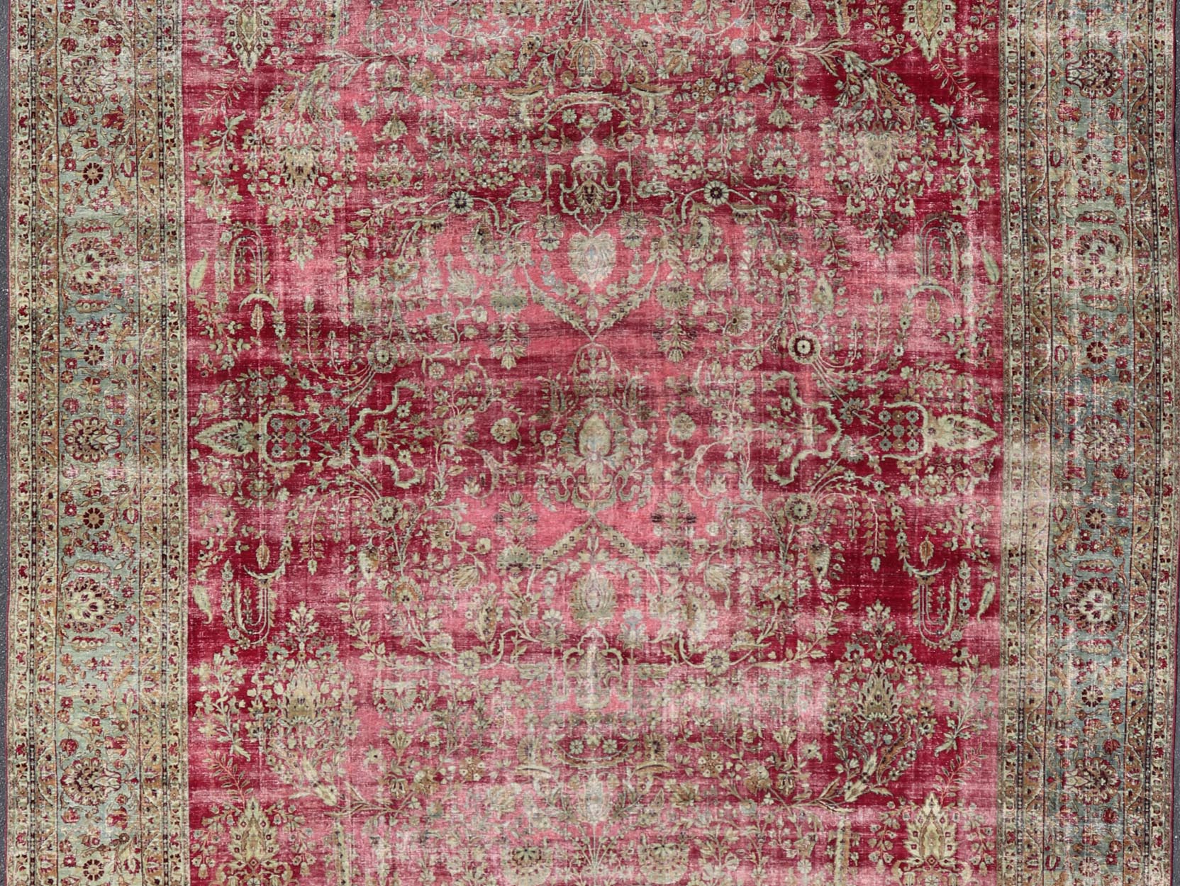 Distressed Antique Persian Lavar Kerman Rug in All - Over Intricate Floral Design. Keivan Woven Arts / rug B - 0404, country of origin / type: Iran / Kerman , circa 1900. Measures: 12'9 x 17'2 This magnificent antique Kerman carpet from 1900 is an ... - Keivan Woven ArtsB - 0404 - 163