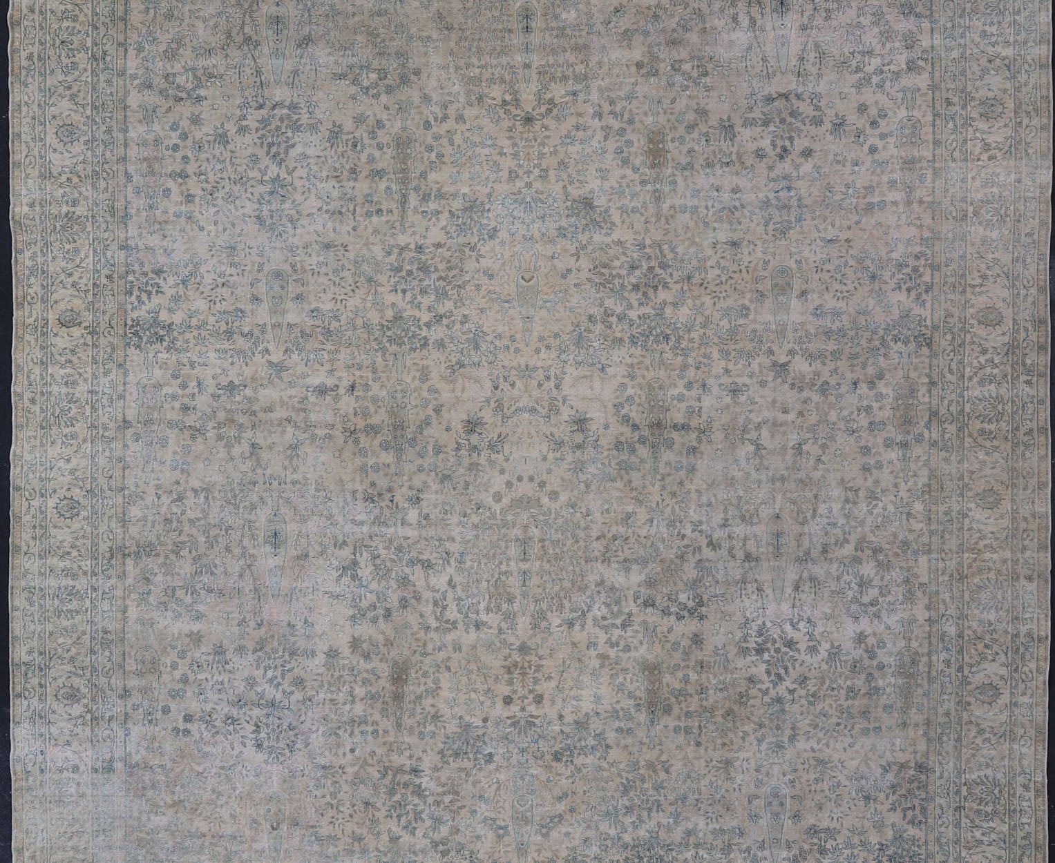 Very Large Antique Amritsar Rug with Flower & Leaf Design in Blush, Blue, Brown. Mansion sized antique Amritsar rug in blush, light blue, light brown, medium blue, gray and ivory. rug/B - 0410 Measures: 15'2 x 23' This fabulous palac... - Keivan Woven ArtsB - 0410 - 317
