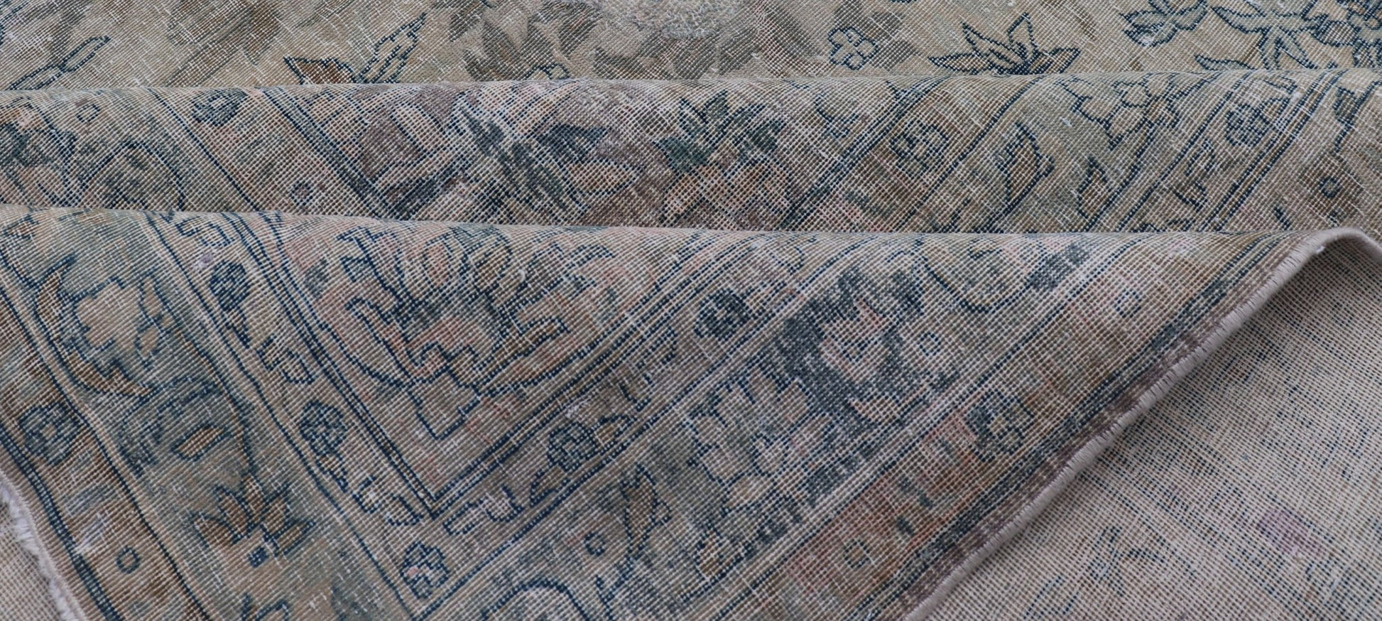 Very Large Antique Amritsar Rug with Flower & Leaf Design in Blush, Blue, Brown. Mansion sized antique Amritsar rug in blush, light blue, light brown, medium blue, gray and ivory. rug/B - 0410 Measures: 15'2 x 23' This fabulous palac... - Keivan Woven ArtsB - 0410 - 317Rug