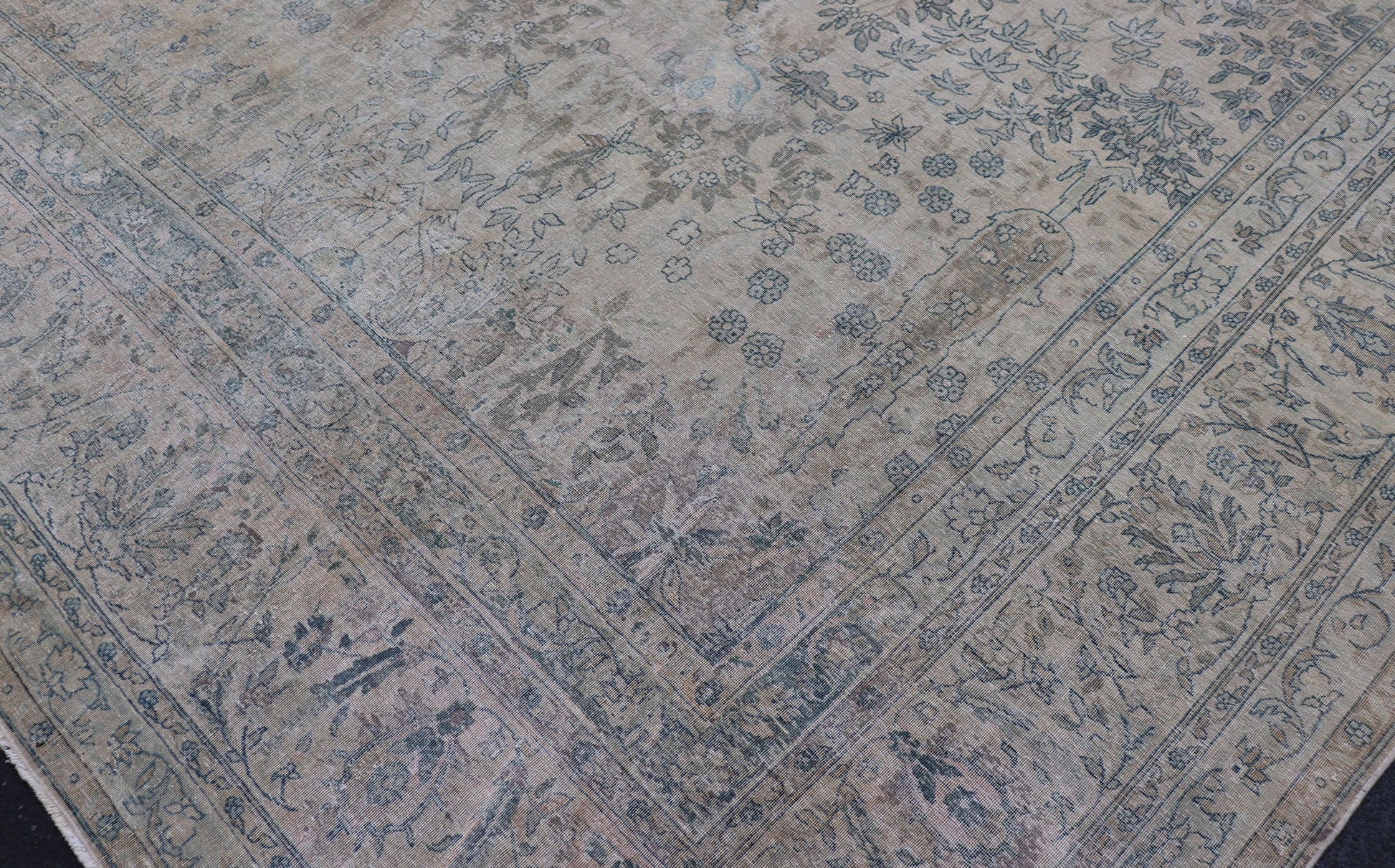 Very Large Antique Amritsar Rug with Flower & Leaf Design in Blush, Blue, Brown. Mansion sized antique Amritsar rug in blush, light blue, light brown, medium blue, gray and ivory. rug/B - 0410 Measures: 15'2 x 23' This fabulous palac... - Keivan Woven ArtsB - 0410 - 317Rug