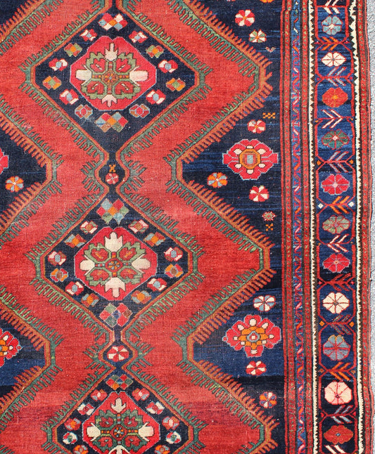 Keivan Woven Arts Antique Caucasian Karabagh Rug in Red, navy Blue With Geometric Medallions Geometric design antique Caucasian Karabagh tribal rug, rug / B - 0501. Caucasian rug This antique Kurdish piece features an tribal geometric pattern w... - Keivan Woven ArtsB - 0501 - 169