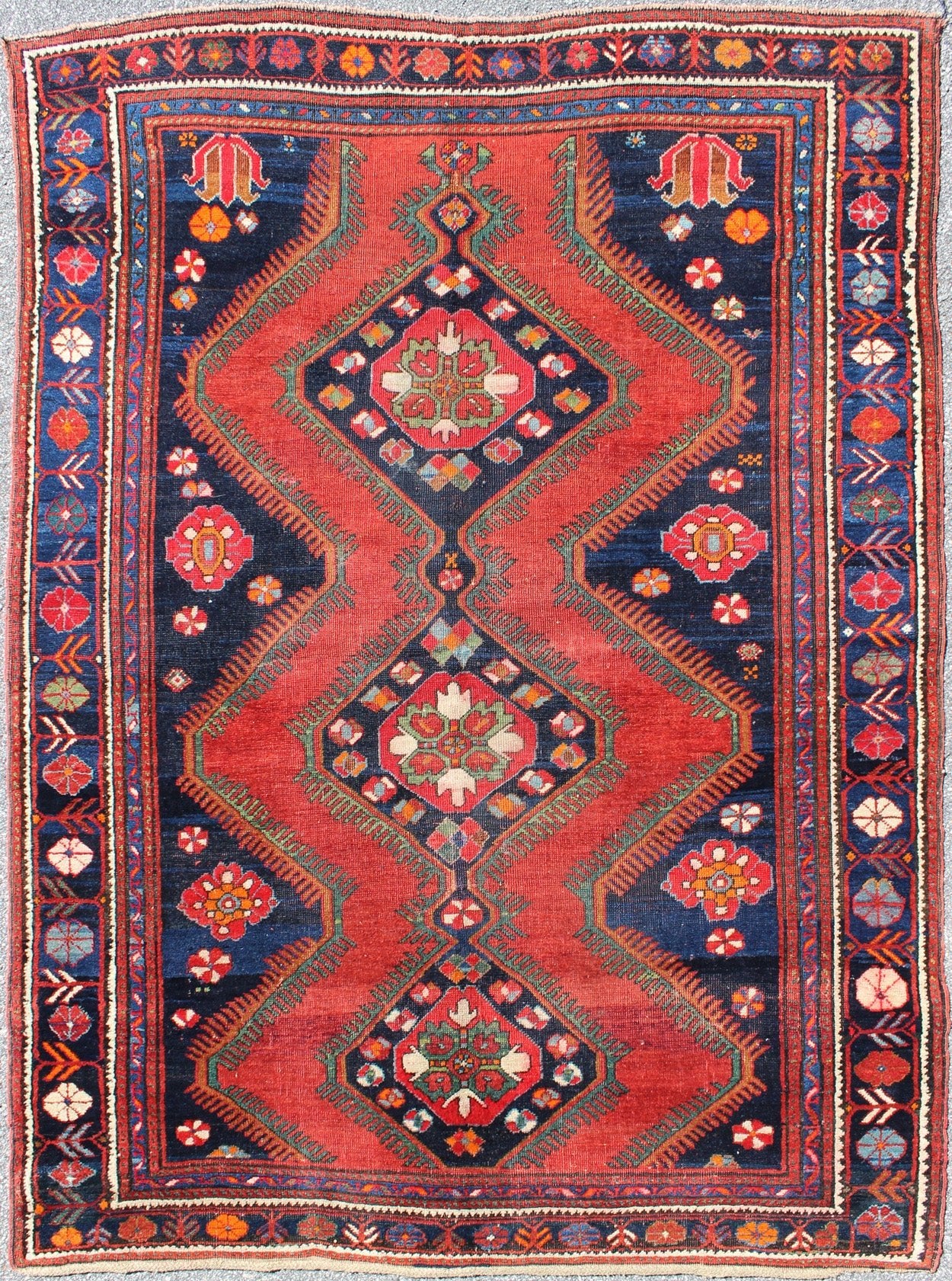 Keivan Woven Arts Antique Caucasian Karabagh Rug in Red, navy Blue With Geometric Medallions Geometric design antique Caucasian Karabagh tribal rug, rug / B - 0501. Caucasian rug This antique Kurdish piece features an tribal geometric pattern w... - Keivan Woven ArtsB - 0501 - 169Rug