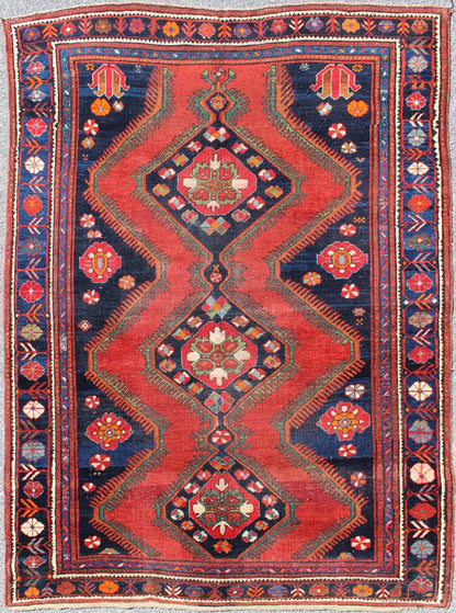 Keivan Woven Arts Antique Caucasian Karabagh Rug in Red, navy Blue With Geometric Medallions Geometric design antique Caucasian Karabagh tribal rug, rug / B - 0501. Caucasian rug This antique Kurdish piece features an tribal geometric pattern w... - Keivan Woven ArtsB - 0501 - 169Rug