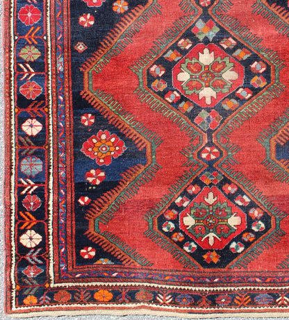Keivan Woven Arts Antique Caucasian Karabagh Rug in Red, navy Blue With Geometric Medallions Geometric design antique Caucasian Karabagh tribal rug, rug / B - 0501. Caucasian rug This antique Kurdish piece features an tribal geometric pattern w... - Keivan Woven ArtsB - 0501 - 169Rug