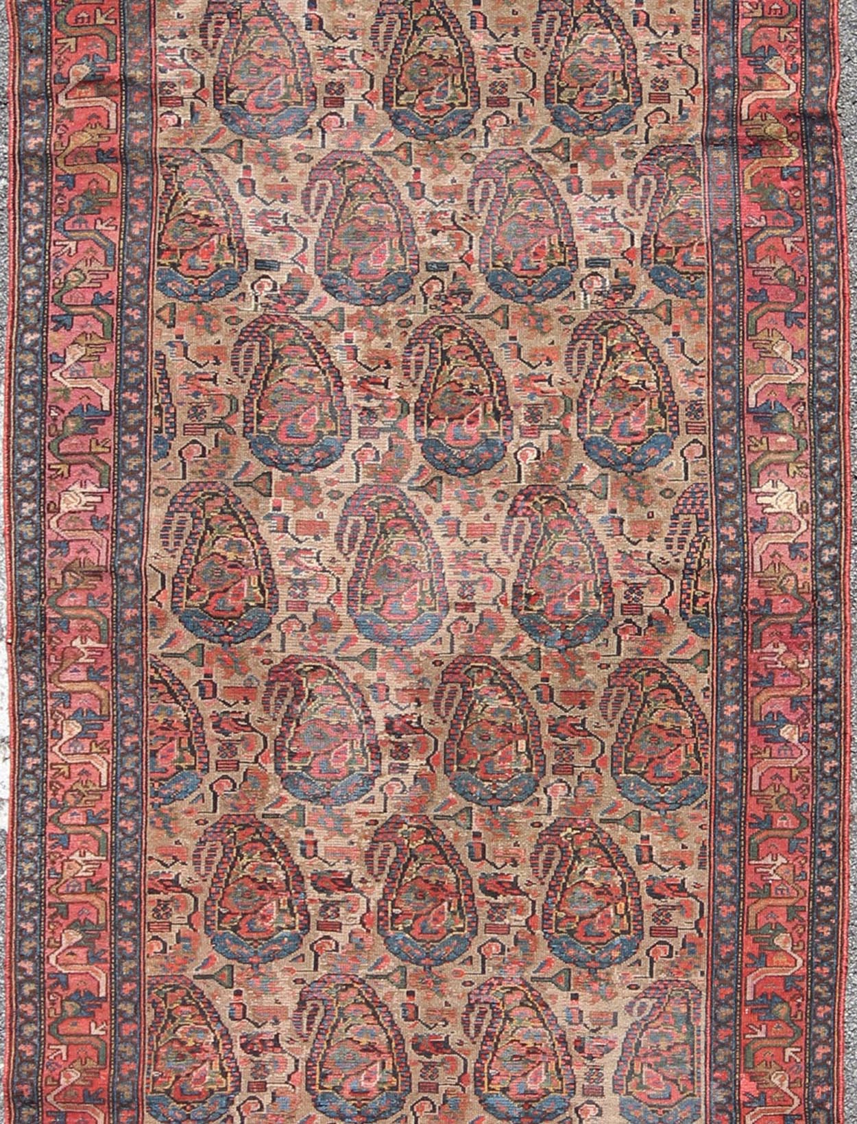 Late 19th - Century Antique Persian Paisley Seneh Malayer Rug with Large Paisley Field Measures: 4'0 x 9'2 The richly intricate design of this handwoven, antique Seneh Malayer rug distinguishes it from all others of its kind. The iconic al... - Keivan Woven ArtsB - 0504 - 173