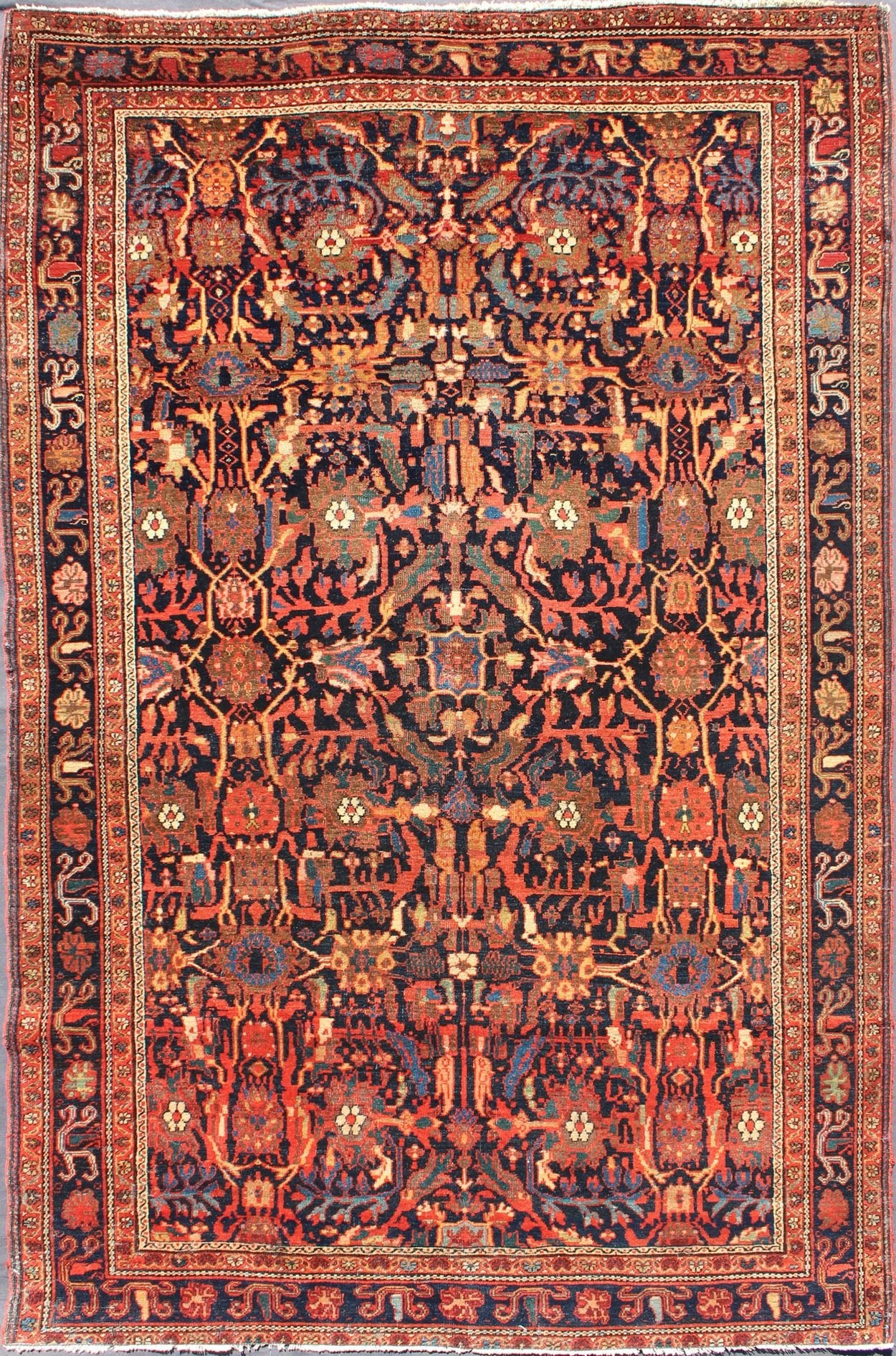 19th Century Fine Antique Persian Faraghan Antique All - Over Design in Navy Background with Multi Jewel Tones Late 19th Century Antique Feraghan Sarouk in Navy background and Multi Colors, Keivan Woven Arts/ rug B - 0510, country of origin / type:... - Keivan Woven ArtsB - 0510 - 2197Rug