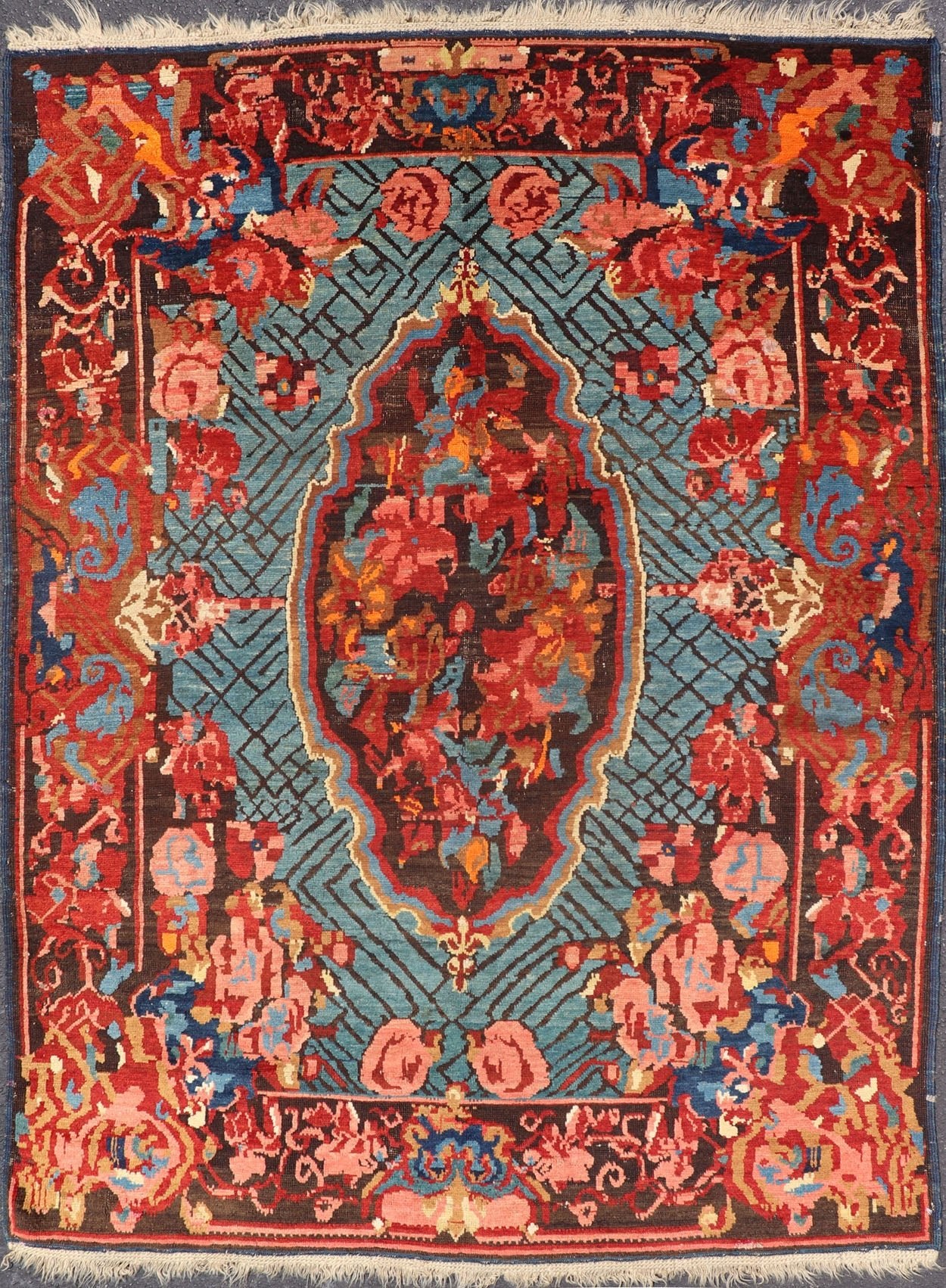 Antique Caucasian Kuba Rug with a Central Floral Medallion 1880's Antique Caucasian Kuba Rug with a Central Medallion in teal and variety of red tones with oxidized charcoal/brown. Keivan Woven Arts/ Rug/ B - 0537 Origin/ Caucasian, Circa/1880's,... - Keivan Woven ArtsB - 0537 - 1937Rug
