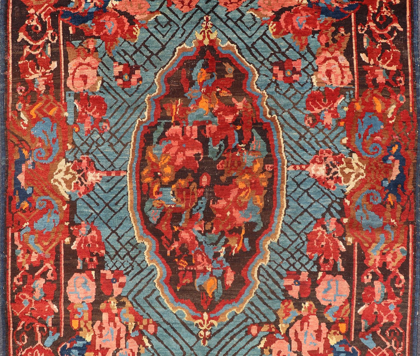 Antique Caucasian Kuba Rug with a Central Floral Medallion 1880's Antique Caucasian Kuba Rug with a Central Medallion in teal and variety of red tones with oxidized charcoal/brown. Keivan Woven Arts/ Rug/ B - 0537 Origin/ Caucasian, Circa/1880's,... - Keivan Woven ArtsB - 0537 - 1937Rug