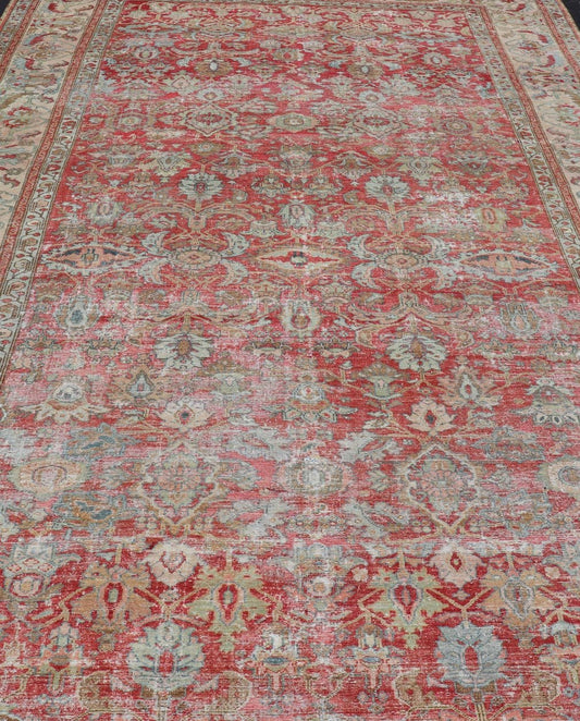 Antique Persian Malayer Long Rug in Peach, Brown, Soft Red, Blue and Cream. Keivan Woven Arts / kwarugs B - 0706, Long Gallery rug. Long Gallery Runner. Large gallery runner. Measures: 9'8 x 16'5 This magnificent antique Persian Malayer carpet, of... - Keivan Woven ArtsB - 0706 - 379Rug