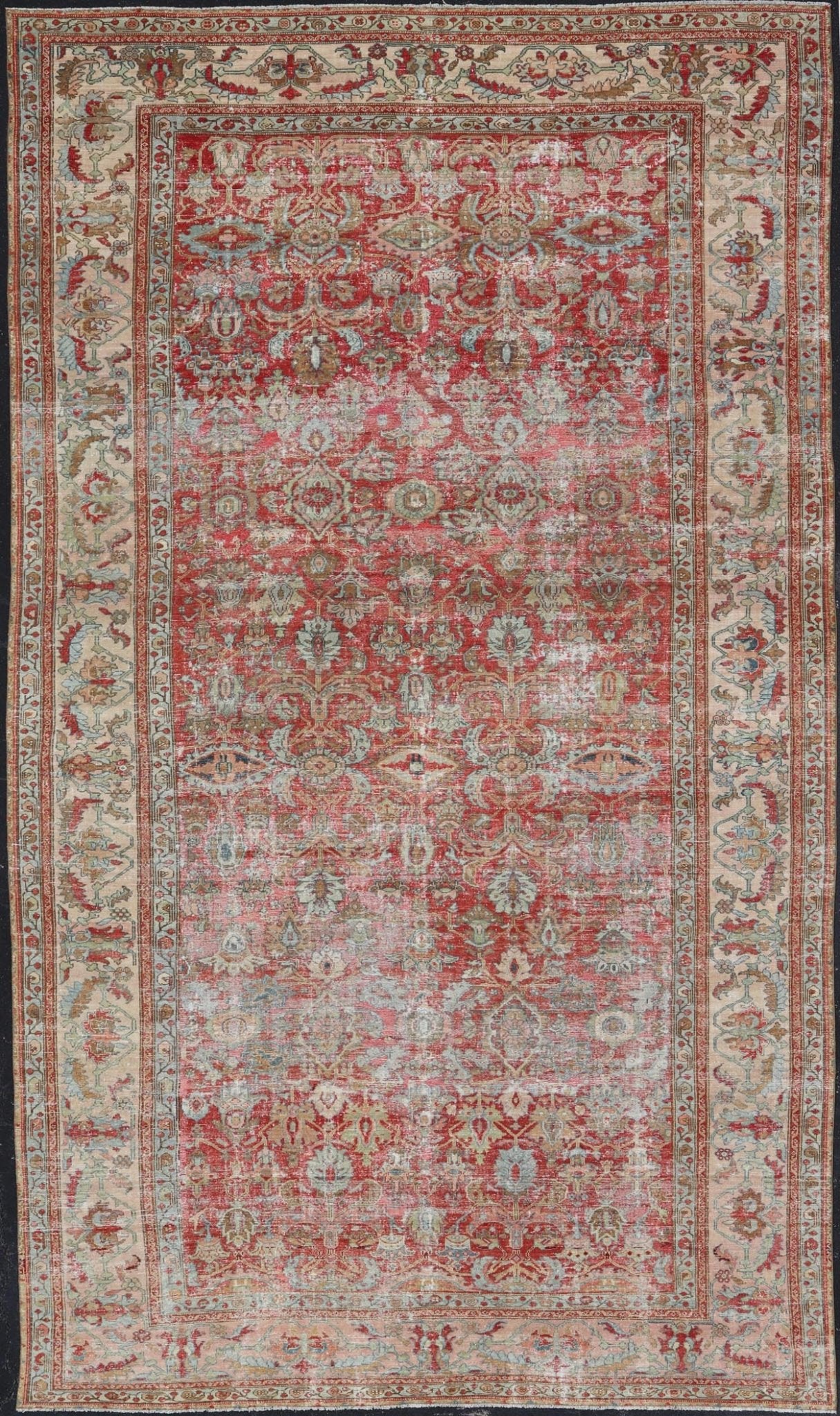 Antique Persian Malayer Long Rug in Peach, Brown, Soft Red, Blue and Cream. Keivan Woven Arts / kwarugs B - 0706, Long Gallery rug. Long Gallery Runner. Large gallery runner. Measures: 9'8 x 16'5 This magnificent antique Persian Malayer carpet, of... - Keivan Woven ArtsB - 0706 - 379Rug