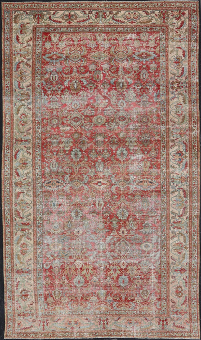 Antique Persian Malayer Long Rug in Peach, Brown, Soft Red, Blue and Cream. Keivan Woven Arts / kwarugs B - 0706, Long Gallery rug. Long Gallery Runner. Large gallery runner. Measures: 9'8 x 16'5 This magnificent antique Persian Malayer carpet, of... - Keivan Woven ArtsB - 0706 - 379Rug