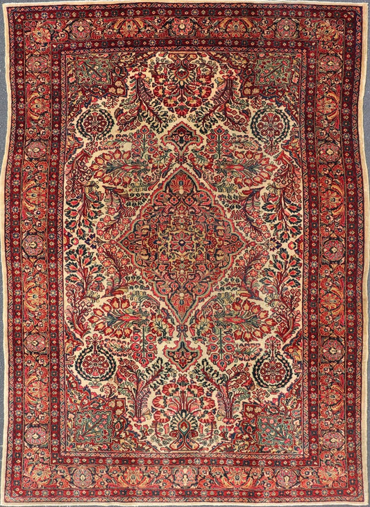 Antique Sarouk Feraghan Fine Persian Rug in Ivory Background on Floral Medallion Design. Country of Origin: Iran; Type: Feraghan Sarouk; Design: Medallion, All - Over; Keivan Woven Arts: rug B - 0718; Antique Persian Sarouk Farahan Rug, Antique Feraghan Sa... - Keivan Woven ArtsB - 0718 - 217